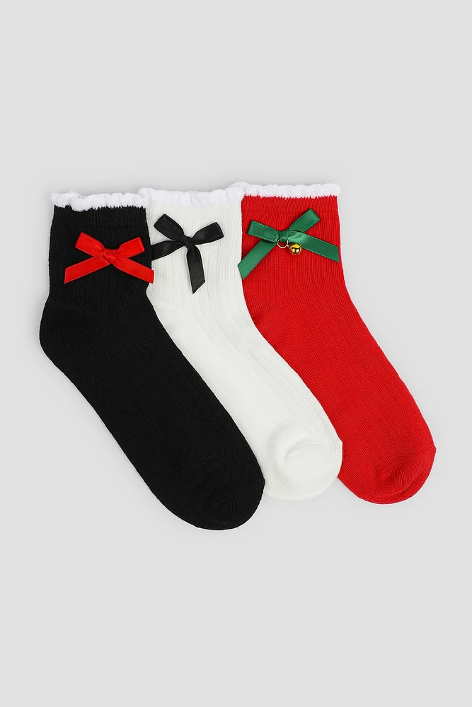 Ardene 3-Pack Festive Bow Demi Crew Socks in Red | Polyester