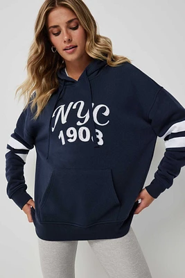 Ardene Oversized Striped Sleeves Hoodie in Dark Blue | Size | Polyester/Cotton | Fleece-Lined