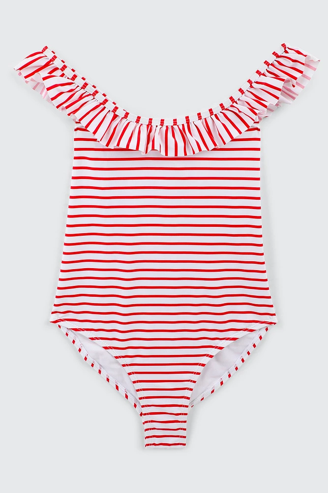 Ardene Kids Printed Ruffle One Piece Swimsuit in Red | Size | Polyester/Nylon/Elastane | Microfiber