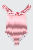 Ardene Kids Printed Ruffle One Piece Swimsuit in Red | Size | Polyester/Nylon/Elastane | Microfiber