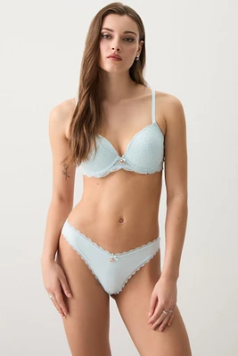 Ardene Lace Trim Thong Panty in Light Blue | Size | Polyester/Spandex | Microfiber