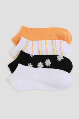 Ardene 4-Pack of Stripe & Floral Ankle Socks in Orange | Polyester/Spandex