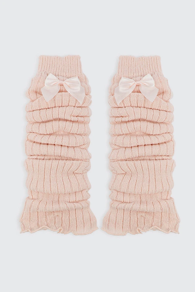 Ardene Ribbed Leg Warmers with Bow in Light Pink | 100% Acrylic