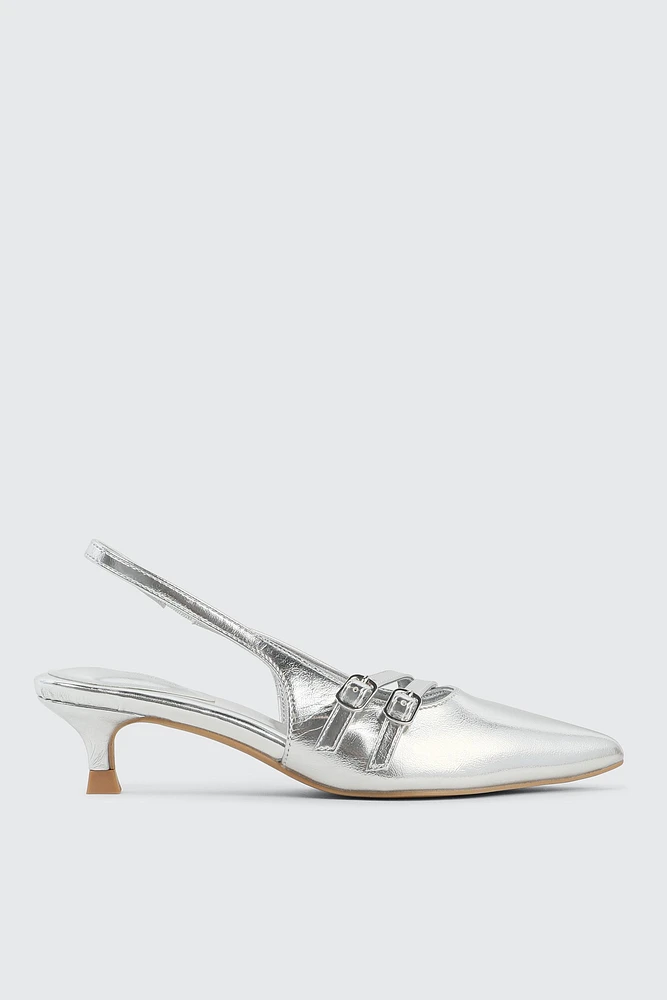 Ardene Patent Double Buckle Slingback Pumps in Silver | Size | Faux Leather | Eco-Conscious