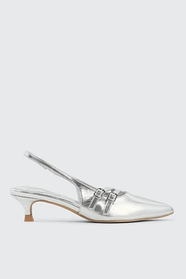 Ardene Patent Double Buckle Slingback Pumps in Silver | Size | Faux Leather | Eco-Conscious