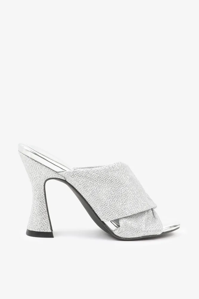 Ardene Glitter Flare Heel Mules in Silver | Size