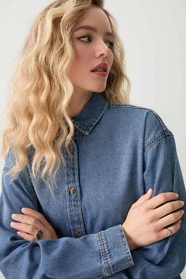 Ardene Denim Shacket in Medium Blue | Size | 100% Cotton