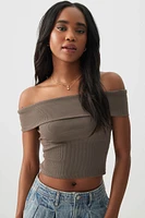 Ardene Rib Off Shoulder Crop Top in Brown | Size | Cotton/Elastane