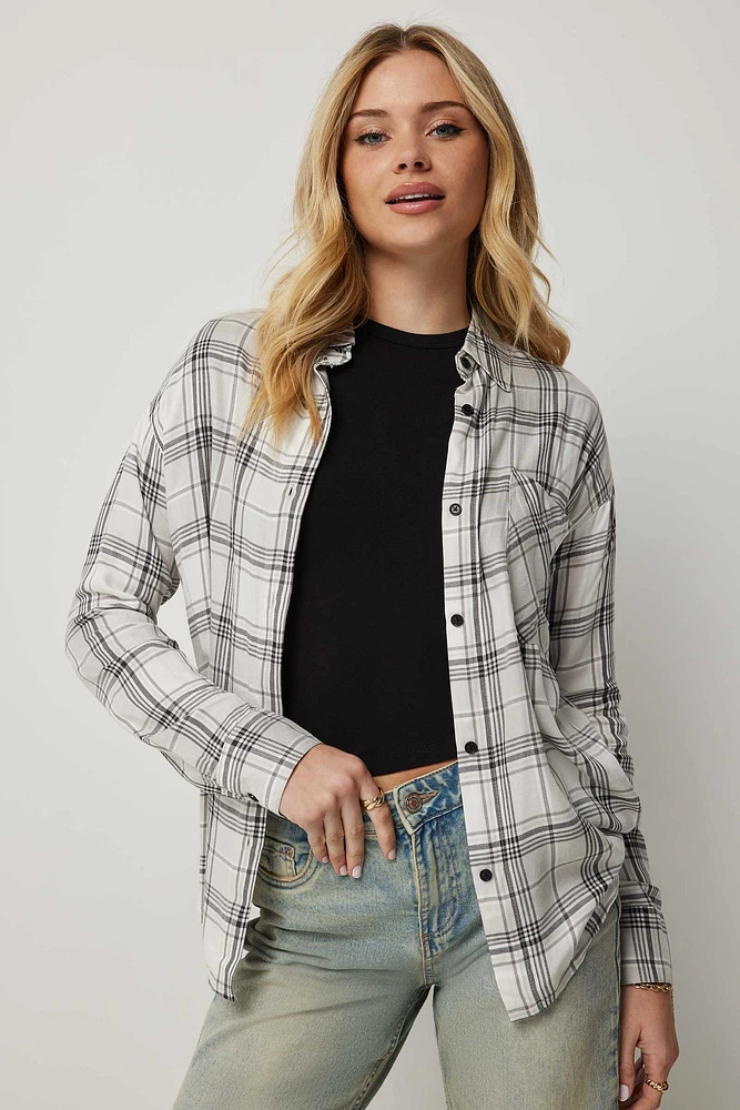 Ardene Brushed Plaid Shirt in Light Grey | Size | 100% Viscose