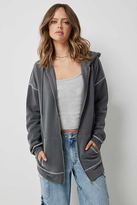 Ardene Exposed Seam Zip-Up Hoodie in Dark Grey | Size | Polyester | Fleece-Lined