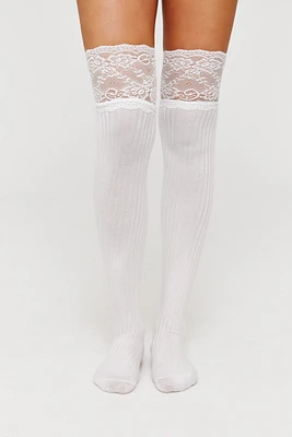 Ardene Over-the-Knee Socks with Lace Trim in White | Polyester/Nylon/Spandex