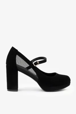 Ardene Black Mesh Heeled Mary Janes | Size | Faux Suede