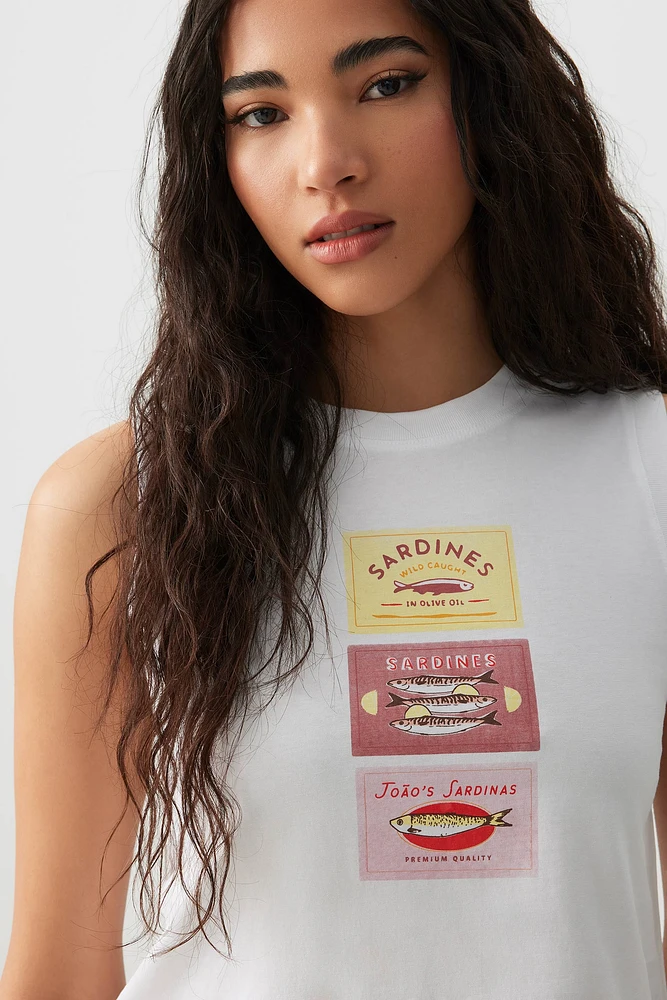 Ardene Graphic Boxy Muscle Tank in White | Size | 100% Cotton