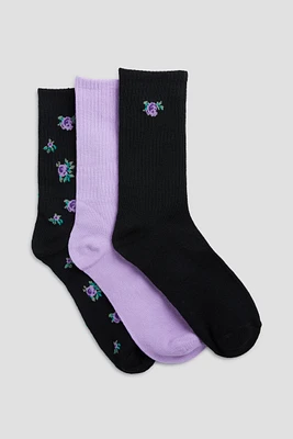 Ardene 3-Pack Floral Crew Socks in Lilac | Polyester/Spandex