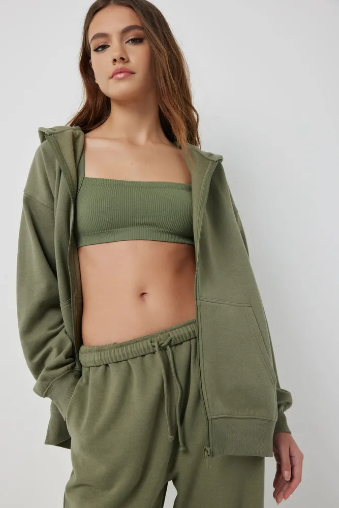 Ardene Solid Zip-Up Hoodie in Khaki | Size | Polyester/Cotton | Fleece-Lined | Eco-Conscious