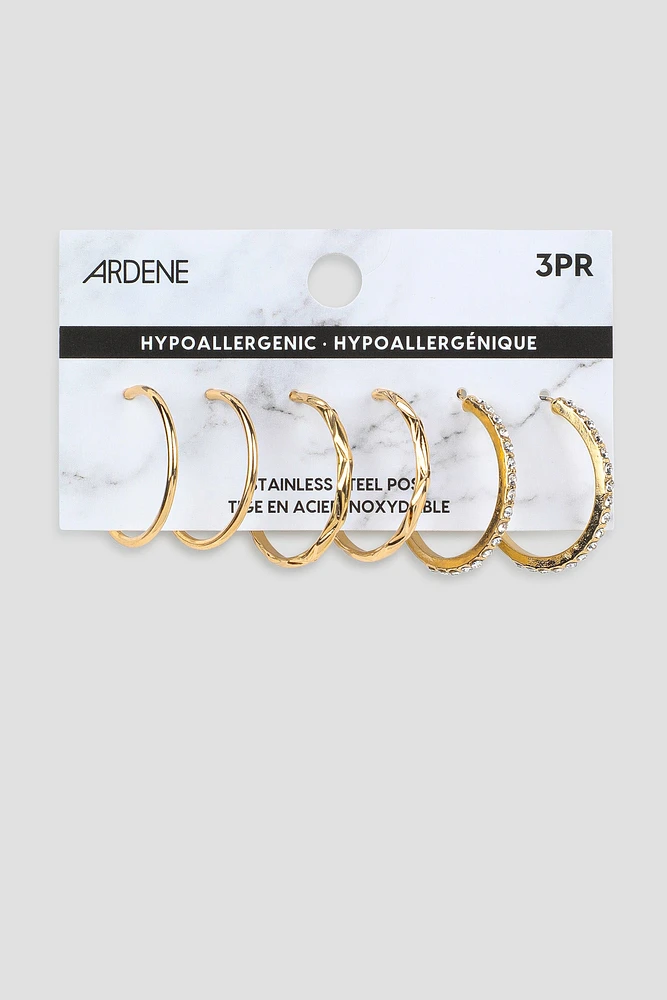 Ardene 3-Pack of Assorted Hoops in Gold | Stainless Steel