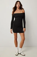 Ardene Off Shoulder Long Sleeve Mini Dress in Black | Size 2XS | Polyester/Spandex