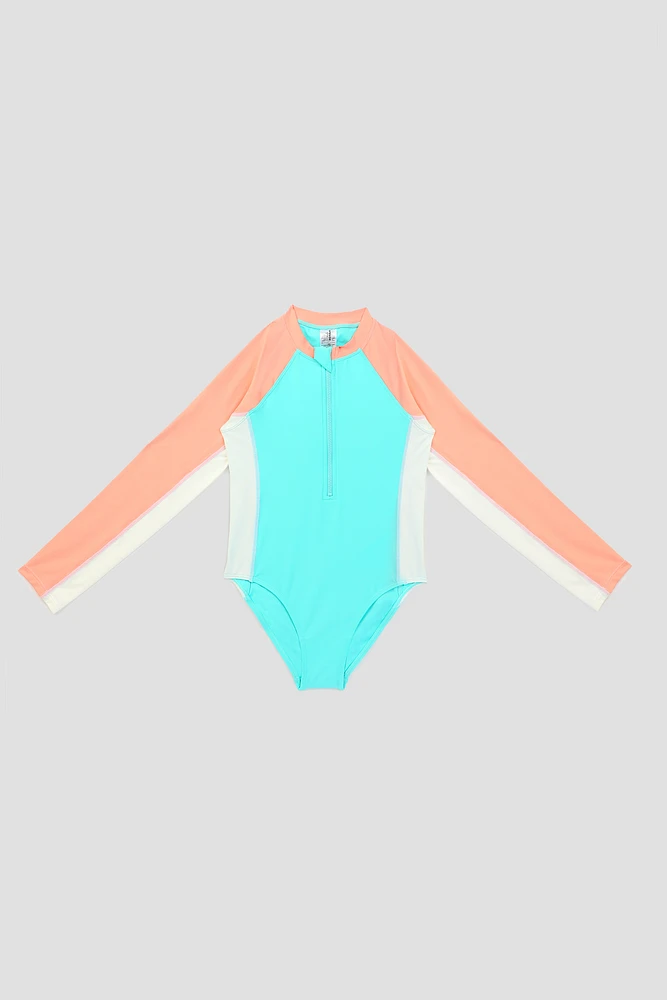 Ardene Long Sleeve One-Piece Swimsuit in Orange | Size | Polyester/Nylon/Elastane | Microfiber