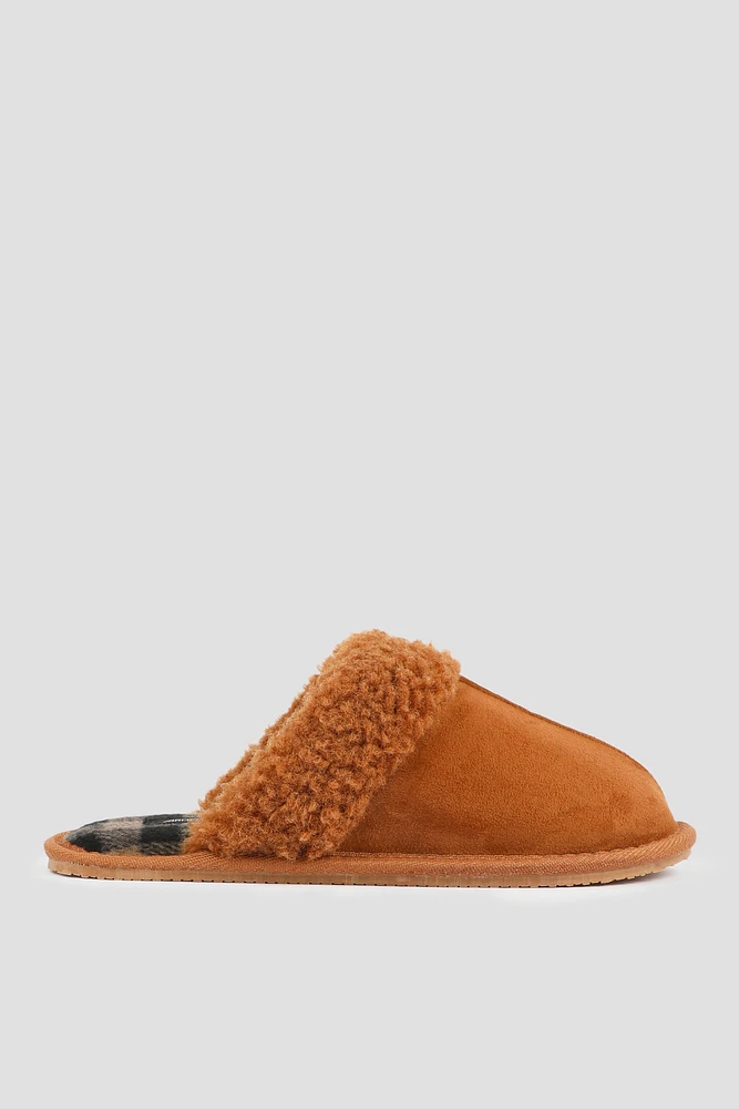 Ardene Mule Slippers with Faux Fur Lining in Cognac | Size | Polyester/Faux Suede | Eco-Conscious