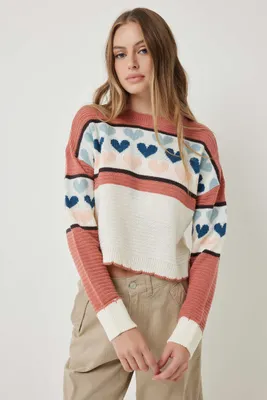 Ardene Heart Accent Colorblock Sweater in Medium Pink | Size Medium | 100% Acrylic