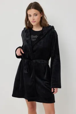Ardene Plush Hooded Robe in Black | Size | 100% Recycled Polyester | Eco-Conscious