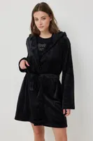 Ardene Plush Hooded Robe in Black | Size Large | 100% Recycled Polyester | Eco-Conscious