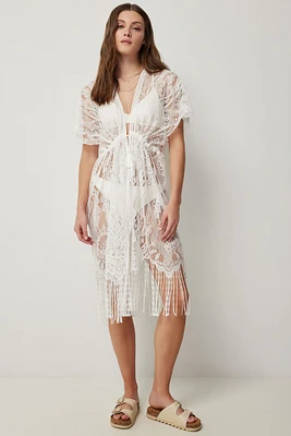 Ardene Lace Crochet Caftan in White | Polyester