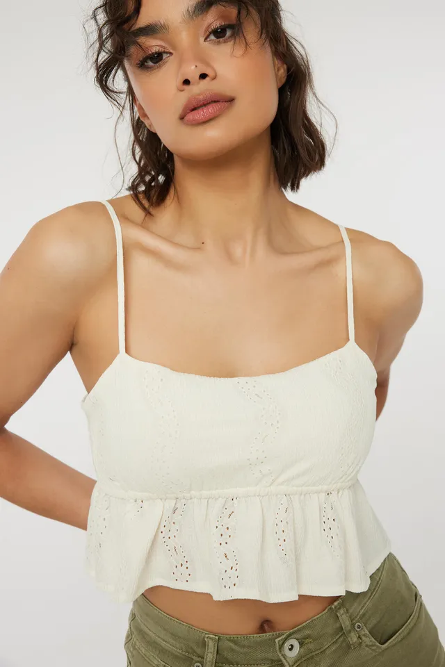 Ardene Eyelet Lace Peplum Tank in White, Size