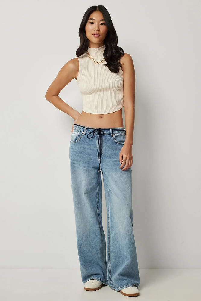 Ardene Low Rise Wide Leg Jeans in Medium Blue | Size | Polyester/Rayon/Cotton