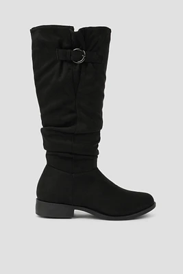 Ardene Tall Ruched Buckled Boots in Black | Size | Faux Suede | Eco-Conscious