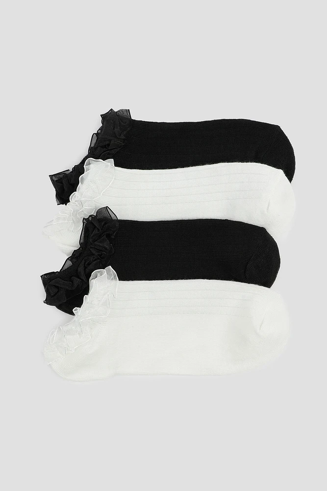 Ardene 4-Pack Ankle Socks with Lace Trim in Black | Polyester/Spandex