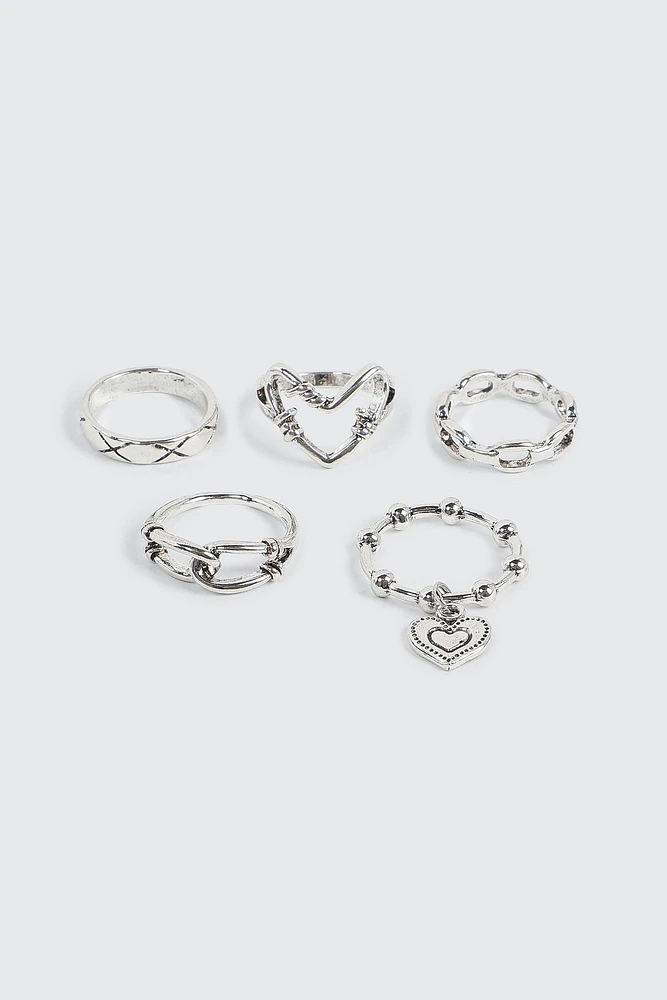 Ardene 5-Pack Knot & Chain Like Rings in Silver | Size