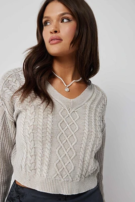 Ardene Washed Cable Knit Sweater in Beige | Size | 100% Cotton
