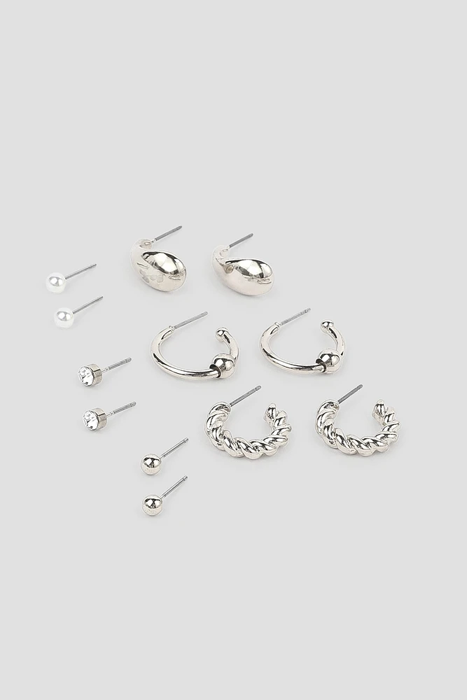 Ardene 6-Pack Pearl Studs & Hoops in Silver | Stainless Steel