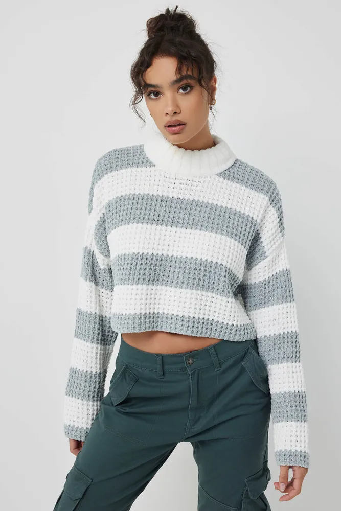 Ardene Striped Chenille Mock Neck Sweater in Light Grey | Size | Polyester/Nylon