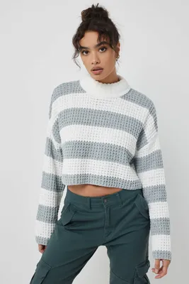 Ardene Striped Chenille Mock Neck Sweater in Light Grey | Size | Polyester/Nylon