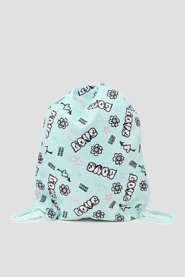 Ardene Kids Printed Drawstring Bag in Light Blue