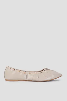 Ardene Pleated Flats with Stud Details in Beige | Size | Faux Leather
