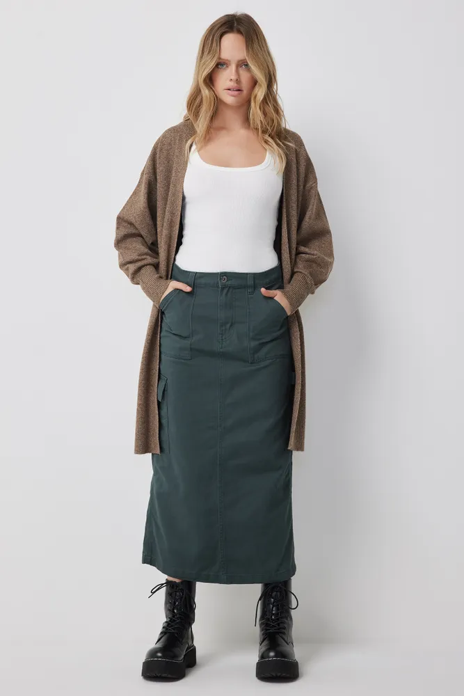 Ardene Long Twill Cargo Skirt in Dark Green | Size Small | 100% Cotton