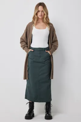 Ardene Long Twill Cargo Skirt in Dark Green | Size | 100% Cotton