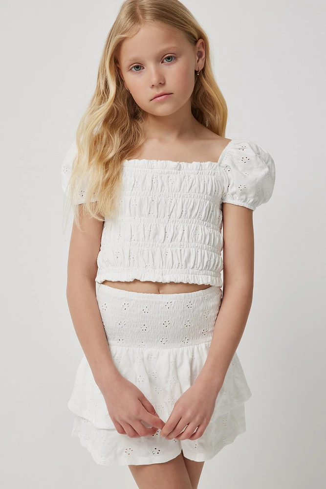 Ardene Kids Eyelet Puff Sleeve Peasant Top in White | Size | Polyester/Elastane