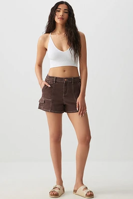 Ardene Contrast Stitch High Rise Midi Shorts in Brown | Size | Polyester/Spandex/Cotton