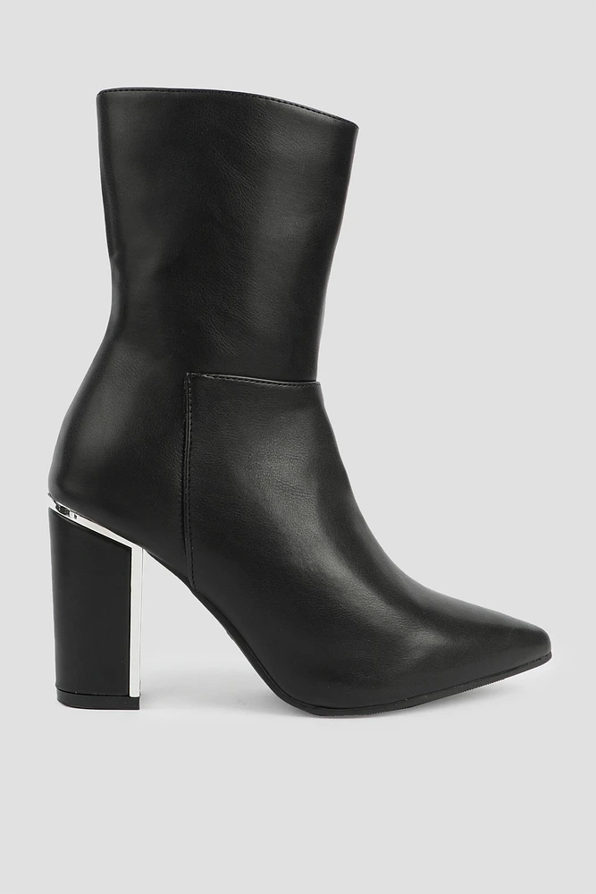 Ardene A.C.W. Gold Accent Block Heel Booties in Black | Size | Faux Leather | Eco-Conscious