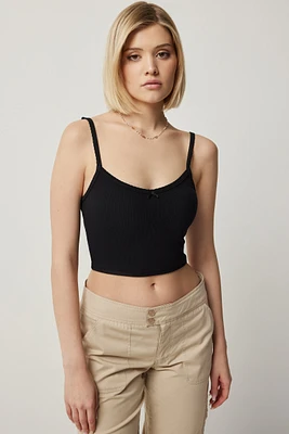 Ardene Basic Crop Tank Top with Bow Detail in Black | Size | Cotton/Elastane | Eco-Conscious