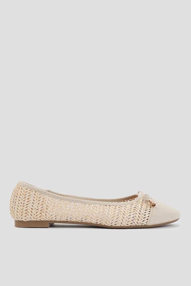 Ardene Raffia Ballet Flats with Bow in Beige | Size 9 | Faux Suede