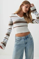 Ardene Striped Fitted V-Neck Sweater in Light Blue | Size | Polyester/Nylon/Viscose