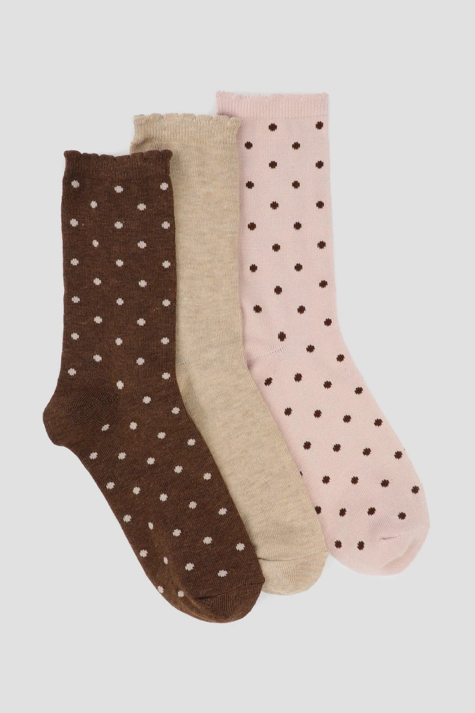 Ardene 3-Pack Polka Dot Crew Socks in Brown | Polyester/Spandex