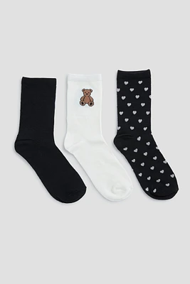 Ardene 3-Pack Heart & Bear Crew Socks in Black | Polyester/Spandex