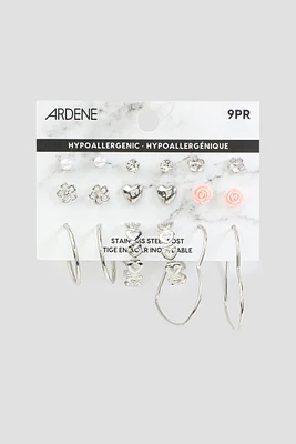 Ardene 9-Pack of Heart & Floral Assorted Earrings in Silver | Stainless Steel