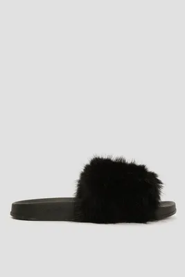Ardene Faux Fur Slides in Black | Size